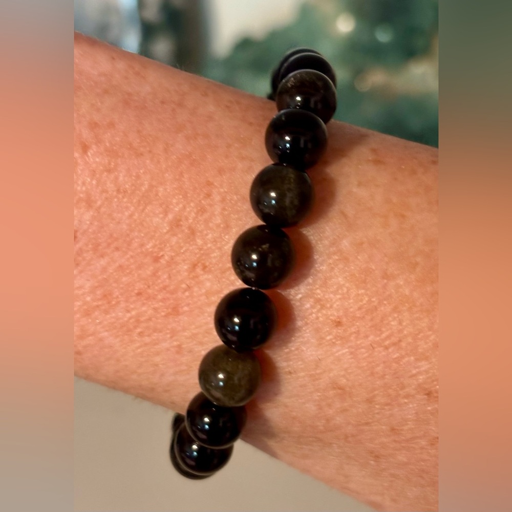 🌟 Golden Obsidian Bead Bracelet – Protective Energy with Subtle Gold Flash